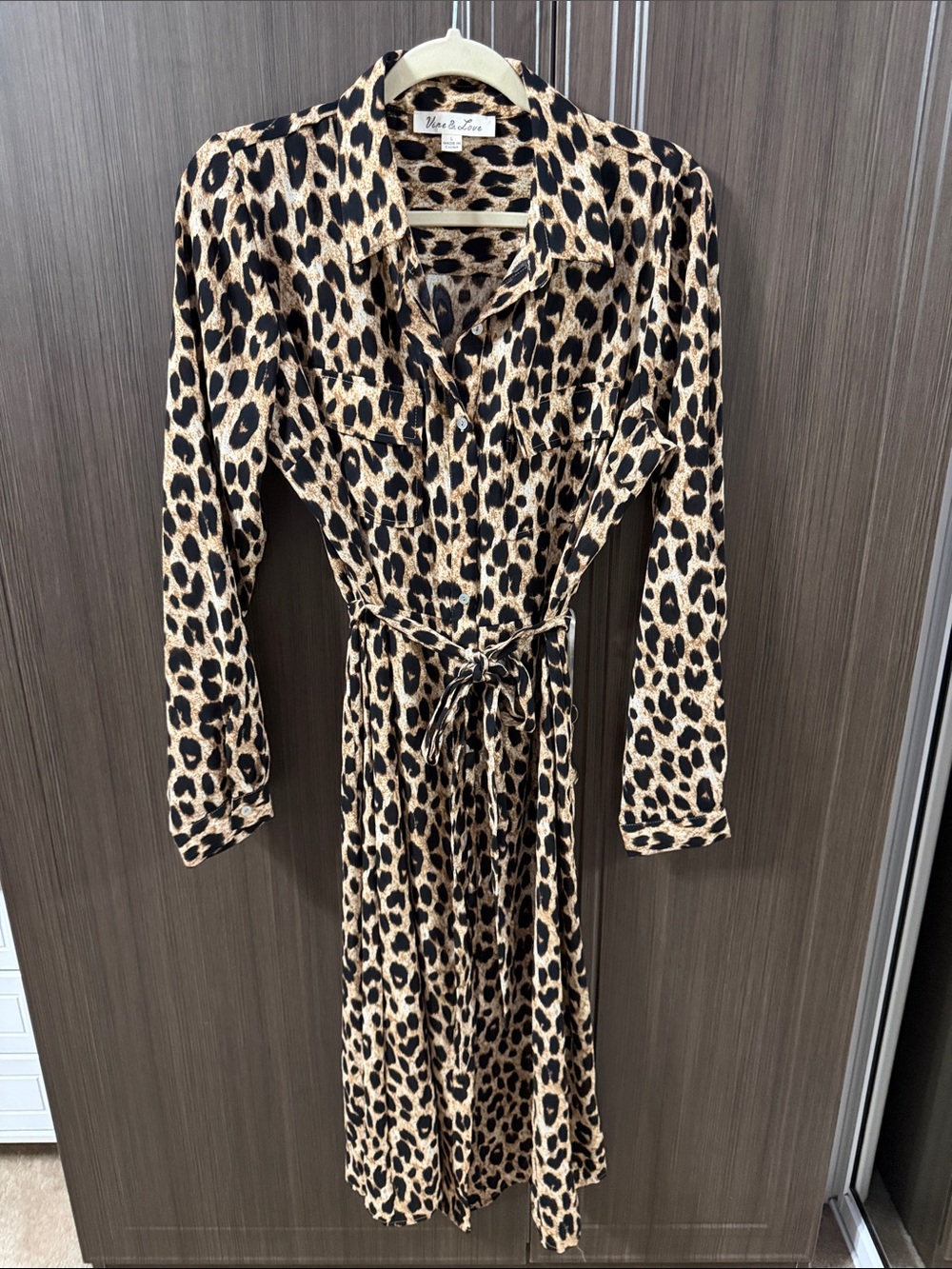 Vine & Love Leopard Print Long Sleeve Shirt Dress in Tan and Black